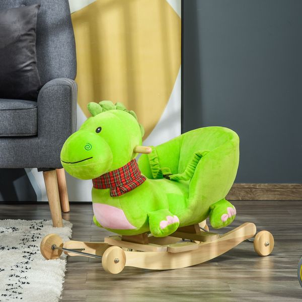 Cavallo a dondolo con ruote, cavalluccio a dondolo a forma di drago per bambini 18-36 mesi, in legno e peluche verde - 