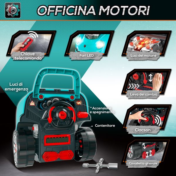 Officina camion giocattolo per bambini 3-5 anni a 61 pezzi con maniglia, in abs e pp, 40x39x47 cm, nero e azzurro - 