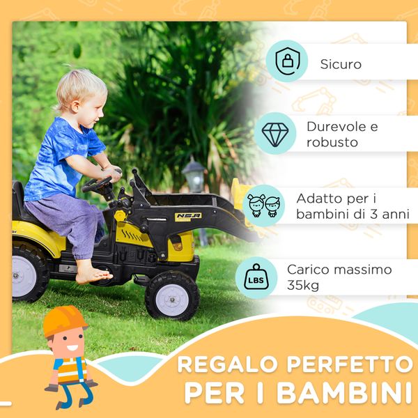 Escavatore a pedali per bambini da 3 anni con ruspa frontale e volante, giallo - 