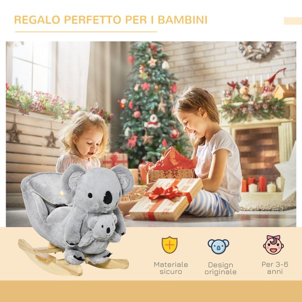 Cavallo a dondolo koala in peluche imbottita con suoni, cintura di sicurezza e base in legno, 60x33x50cm, grigio - 