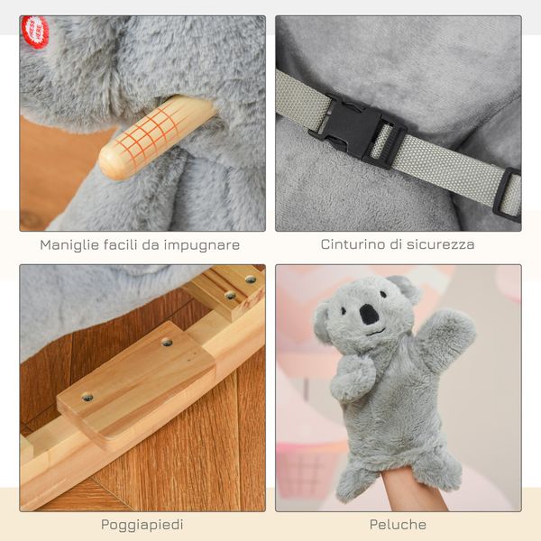 Cavallo a dondolo koala in peluche imbottita con suoni, cintura di sicurezza e base in legno, 60x33x50cm, grigio - 