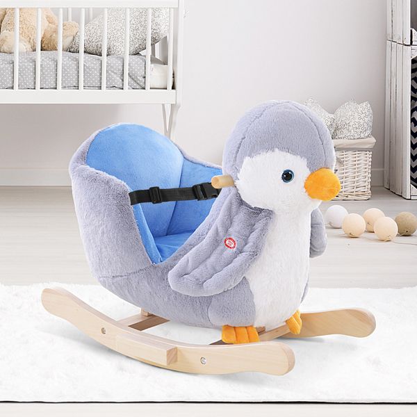 Cavallo a dondolo a pinguino in peluche con 32 musiche e cintura di sicurezza, età 18 mesi - 