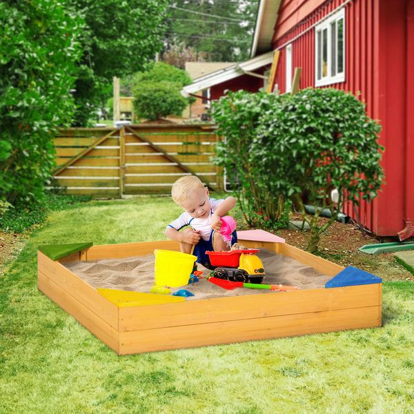 Sabbiera per bambini da 4 posti in legno di abete con design senza fondo, 109x109x19.8 cm - 