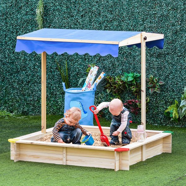 Sabbiera per bambini in legno con panca e tettuccio parasole regolabile, 120x120x120cm, colore legno e blu - 