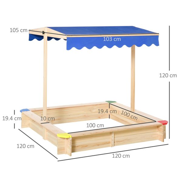 Sabbiera per bambini in legno con panca e tettuccio parasole regolabile, 120x120x120cm, colore legno e blu - 