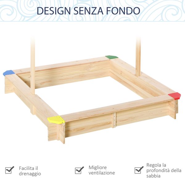 Sabbiera per bambini in legno con panca e tettuccio parasole regolabile, 120x120x120cm, colore legno e blu - 