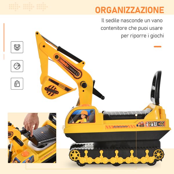 Escavatore ruspa giocattolo cavalcabile per bambini max. 30 kg con schienale, braccio mobile e vano contenitore, 78x24x58.5cm - 