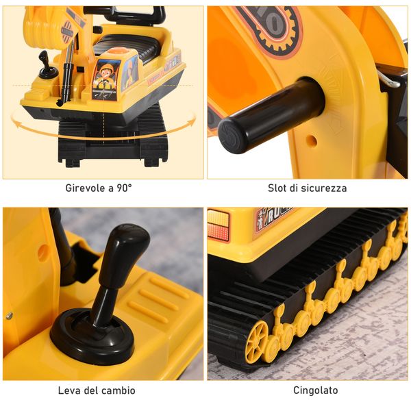 Escavatore ruspa giocattolo cavalcabile per bambini max. 30 kg con schienale, braccio mobile e vano contenitore, 78x24x58.5cm - 