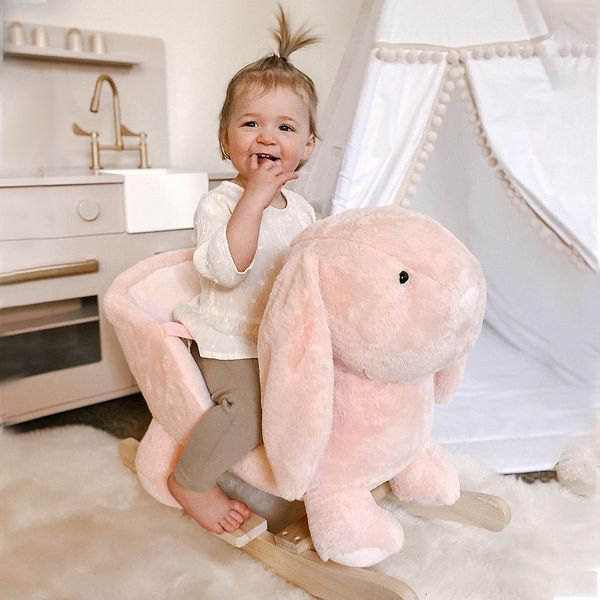 Cavallo a dondolo a forma di coniglio con suoni, cavalluccio a dondolo per bambini 18-36 mesi interattivo, rosa, 60x33x50cm - 