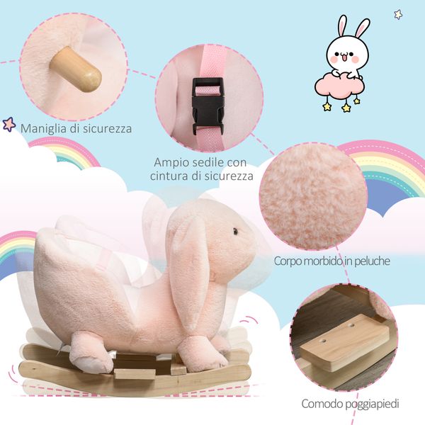 Cavallo a dondolo a forma di coniglio con suoni, cavalluccio a dondolo per bambini 18-36 mesi interattivo, rosa, 60x33x50cm - 