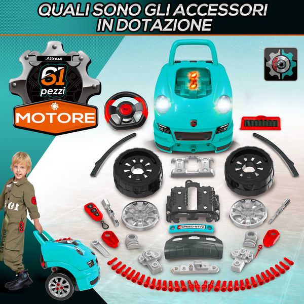 Officina camion giocattolo per bambini 3-5 anni a 61 pezzi con maniglia, in abs e pp, 40x39x47 cm, nero e azzurro - 