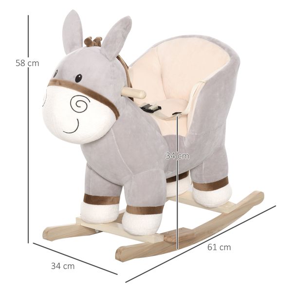 Cavallo a dondolo per bambini 18-36 mesi, cavalluccio a dondolo a forma di asino con suoni realistici in legno di pioppo e peluche, grigio - 