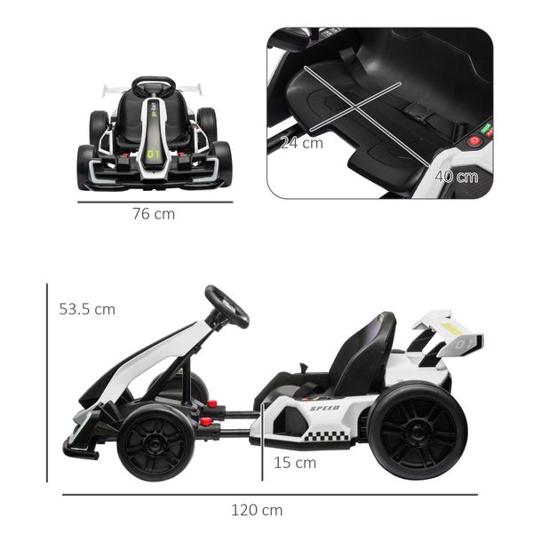 Go kart elettrico per bambini 6-12 anni 24v 12km/h con seggiolino regolabile, bianco - 