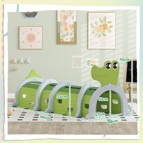 Tunnel per bambini 3-6 anni a forma di coccodrillo, gioco per interno ed esterno in plastica, verde - 
