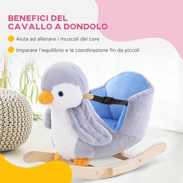 Cavallo a dondolo a pinguino in peluche con 32 musiche e cintura di sicurezza, età 18 mesi - 