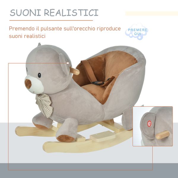 Cavallo a dondolo a forma di orso con suoni, cavalluccio a dondolo per bambini 18-36 mesi interattivo, grigio, 60x33x50cm - 