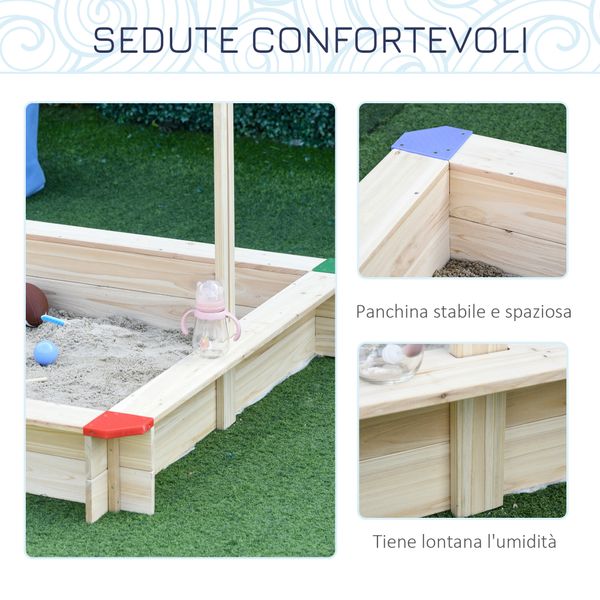 Sabbiera per bambini in legno con panca e tettuccio parasole regolabile, 120x120x120cm, colore legno e blu - 