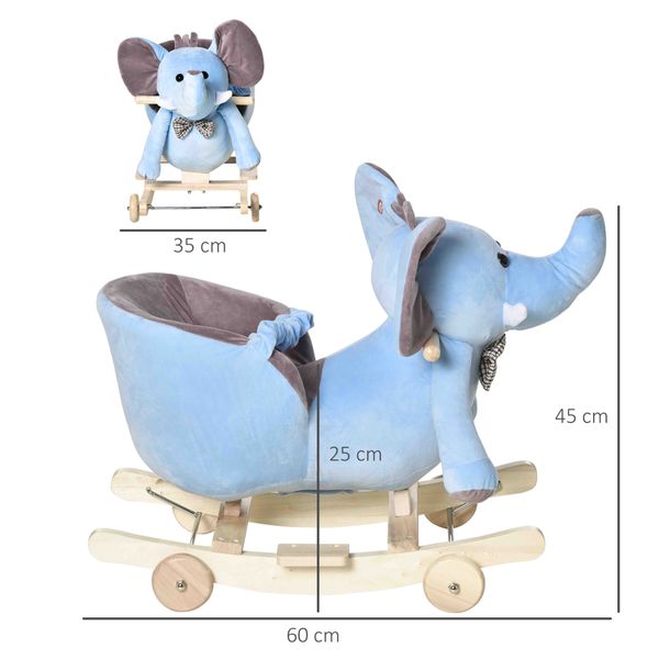 Animale a dondolo a forma di elefante con rotelle e cintura, in peluche, legno e acciaio, 60x35x45 cm, blu - 