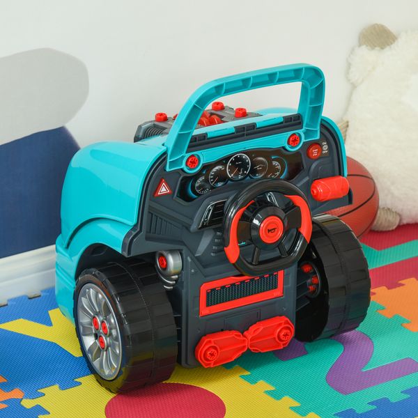 Officina camion giocattolo per bambini 3-5 anni a 61 pezzi con maniglia, in abs e pp, 40x39x47 cm, nero e azzurro - 