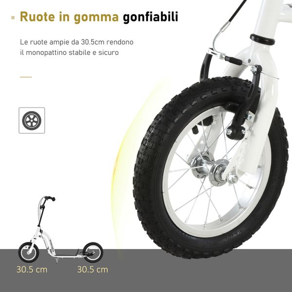 Monopattino con manubrio regolabile, ruote grandi, 2 freni e telaio in acciaio, bianco, 120x58x85-95cm, max 100kg - 