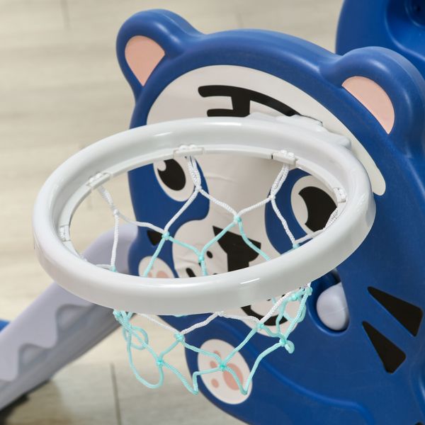 Scivolo per bambini 18-36 mesi con canestro da basket laterale in pe, 133x60x70 cm, blu e grigio - 