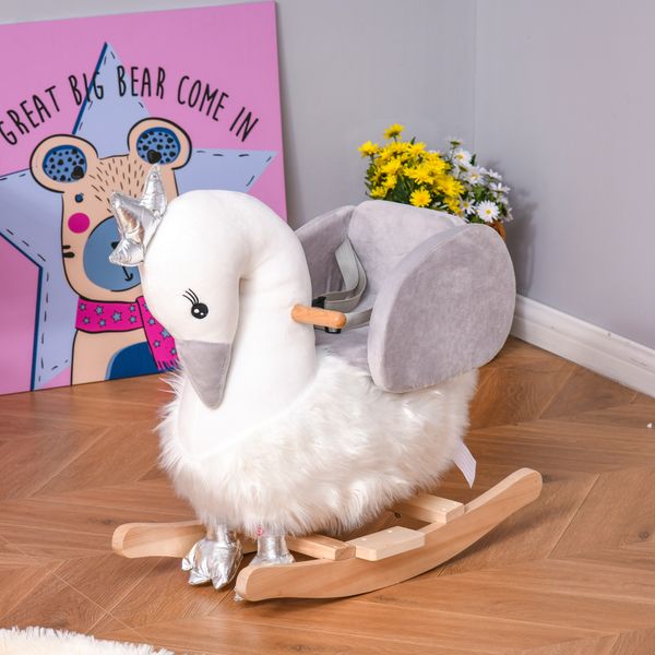 Cavallo a dondolo per bambini a forma di cigno, dondolo giocattolo cavalcabile per bambini 18-36 mesi  in legno di pioppo e peluche, bianco e grigio - 