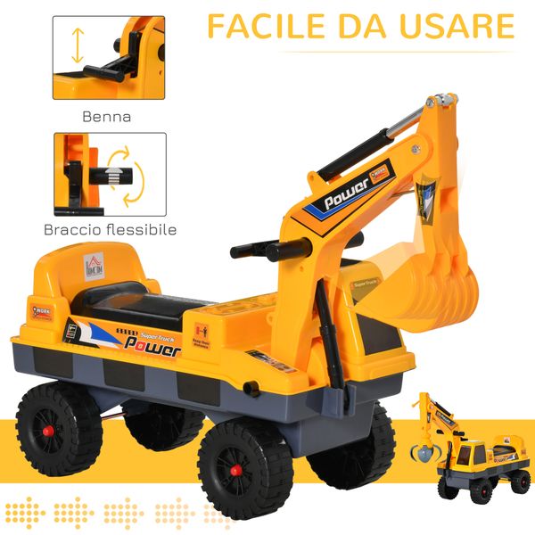 Ruspa giocattolo 2 in 1 con escavatore e mordente, vano nascosto, gioco cavalcabile bambini 2-3 anni, 90x28x58cm, giallo - 