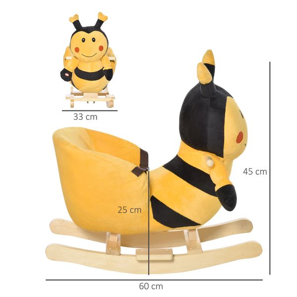 Animale a dondolo per bambini a forma di ape in legno di pioppo con musica, 60x33x45 cm, giallo e nero - 