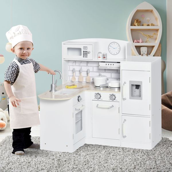 Cucina giocattolo per bambini in legno con 14 accessori, forno, lavandino, frigo e microonde, età 3+ anni, 86x64x84.5cm, bianco e argento - 