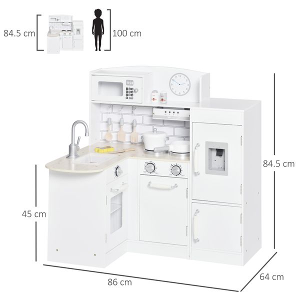 Cucina giocattolo per bambini in legno con 14 accessori, forno, lavandino, frigo e microonde, età 3+ anni, 86x64x84.5cm, bianco e argento - 
