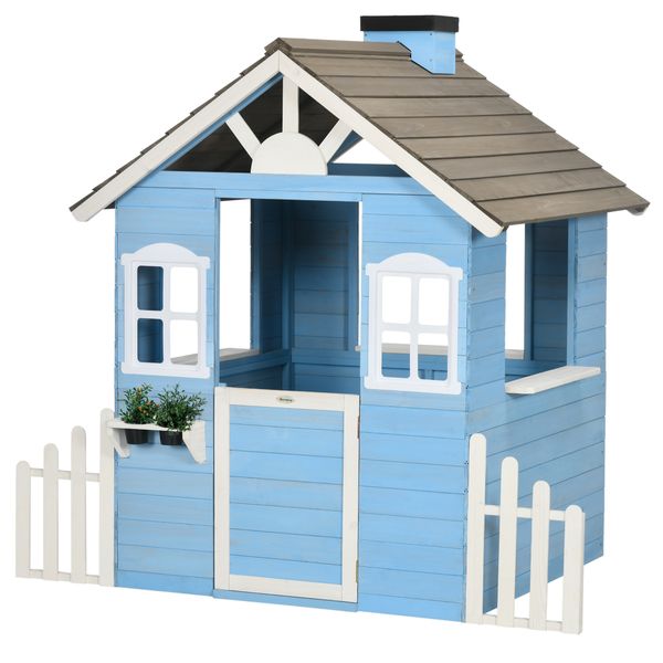 Casa per bimbi 3-7 anni con staccionata, portavasi, porta e finestre, in legno di abete, 151x112.5x142 cm, blu - 