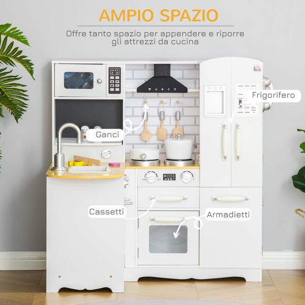 Cucina giocattolo in legno per bambini 3-6 anni con 14 accessori, forno e lavandino, 82x65x87 cm, bianco - 
