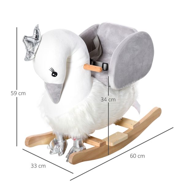 Cavallo a dondolo per bambini a forma di cigno, dondolo giocattolo cavalcabile per bambini 18-36 mesi  in legno di pioppo e peluche, bianco e grigio - 