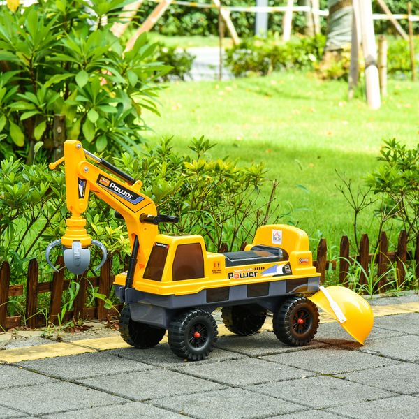 Ruspa giocattolo 2 in 1 con escavatore e mordente, vano nascosto, gioco cavalcabile bambini 2-3 anni, 90x28x58cm, giallo - 