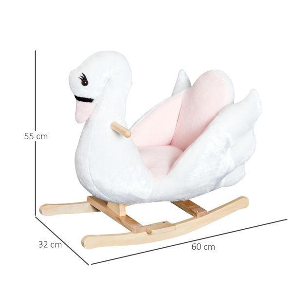 Cavallo a dondolo a forma di cigno con musica, struttura in metallo e legno, rivestimento peluche, 60x32x55cm, bianco - 