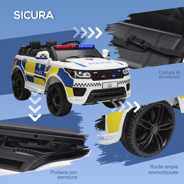 Macchina elettrica per bambini della polizia, batteria 12v e telecomando, sirena luci attacco usb per musica, 110x68x52cm, bianco - 
