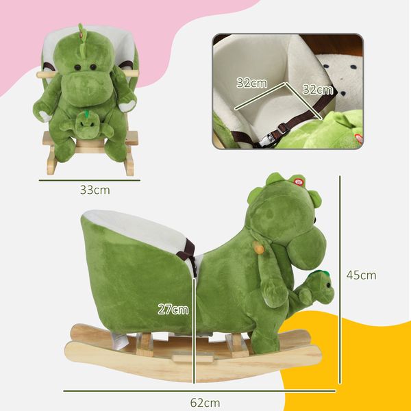 Cavallo a dondolo per bambini 18-36 mesi a dinosauro con suoni e rivestimento morbido, verde - 