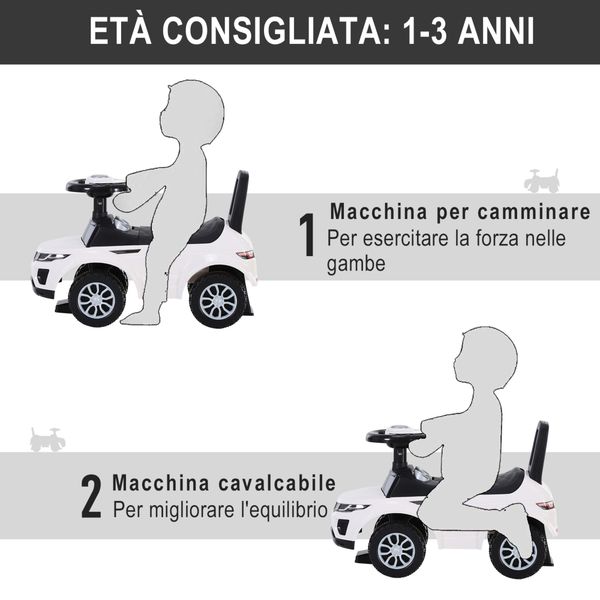 Macchina cavalcabile giocattolo per bambini 12-36 mesi, macchina a spinta con vano contenitore e schienale, bianca - 