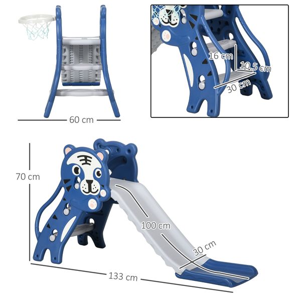 Scivolo per bambini 18-36 mesi con canestro da basket laterale in pe, 133x60x70 cm, blu e grigio - 