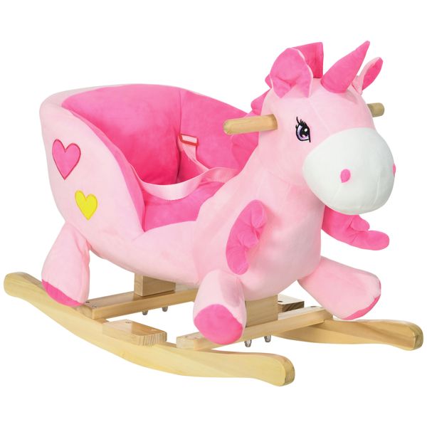 Cavallo a dondolo unicorno con 32 canzoni, base in legno e cintura di sicurezza, età 18-36 mesi, rosa - 