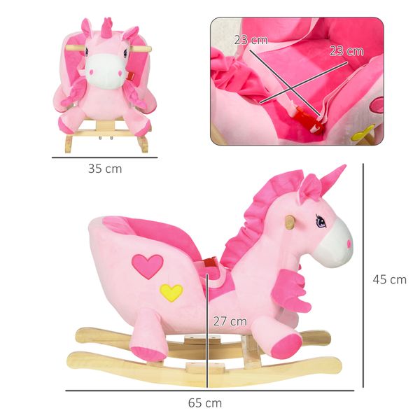 Cavallo a dondolo unicorno con 32 canzoni, base in legno e cintura di sicurezza, età 18-36 mesi, rosa - 