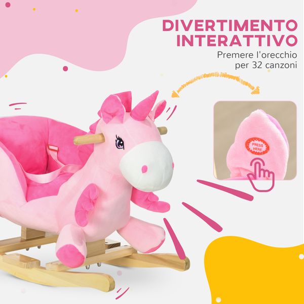 Cavallo a dondolo unicorno con 32 canzoni, base in legno e cintura di sicurezza, età 18-36 mesi, rosa - 
