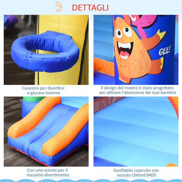 Casa gioco castello gonfiabile gigante per bambini 3-8 anni trampolino rimbalzante colorato con scivolo e canestro 250cmx180cmx175cm - 