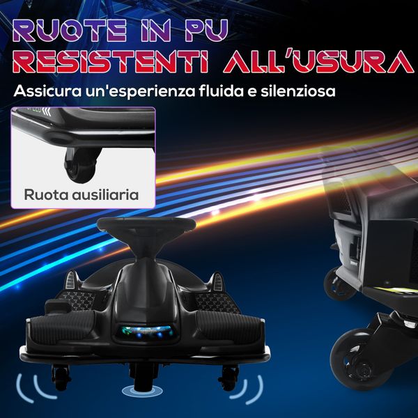 Go kart elettrico per bambini 8-12 anni velocità 3-8 km/h per drifting con luci e musica, nero - 