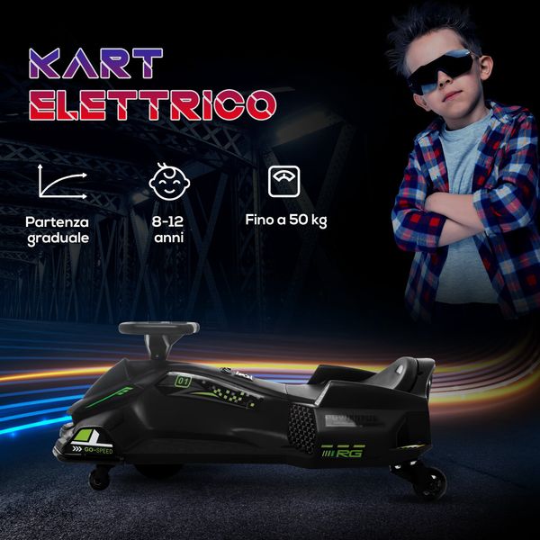 Go kart elettrico per bambini 8-12 anni velocità 3-8 km/h per drifting con luci e musica, nero - 