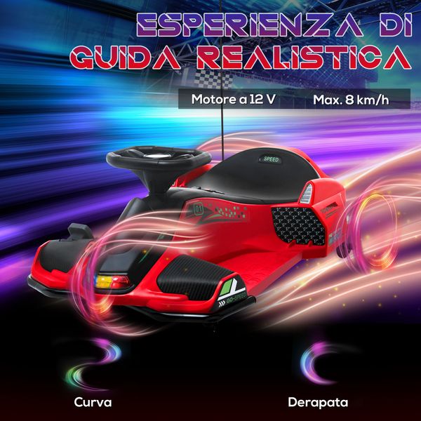 Go kart elettrico per bambini 8-12 anni velocità 3-8 km/h per drifting con luci e musica, rosso - 