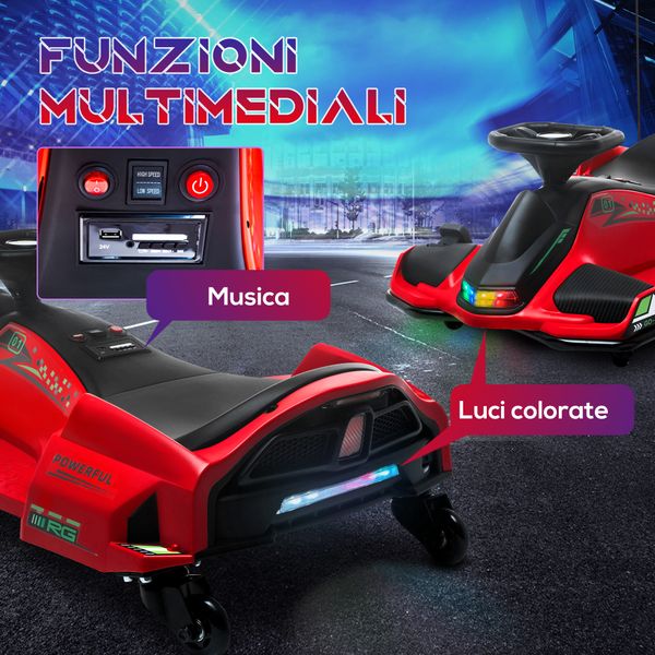 Go kart elettrico per bambini 8-12 anni velocità 3-8 km/h per drifting con luci e musica, rosso - 