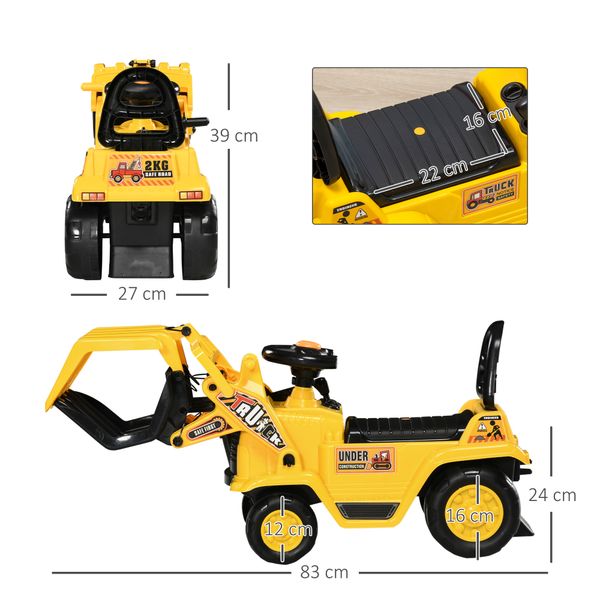Escavatore per bambini 3-4 anni con pinza, pulsante per suoni e spazio portaoggetti, 83x27x39 cm, giallo e nero - 