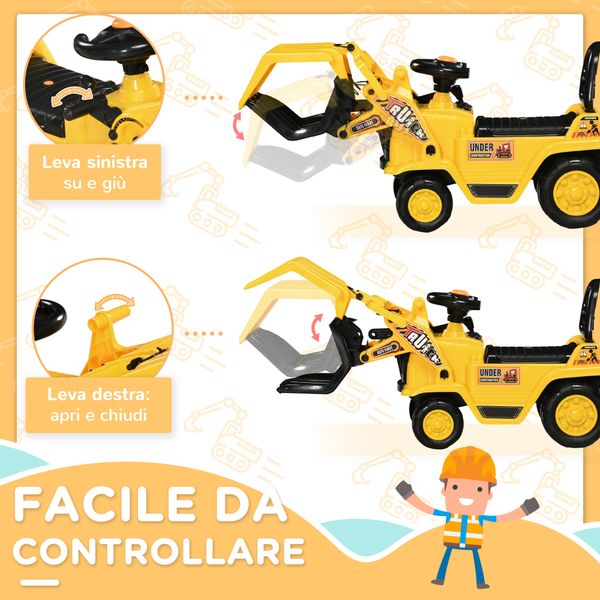 Escavatore per bambini 3-4 anni con pinza, pulsante per suoni e spazio portaoggetti, 83x27x39 cm, giallo e nero - 