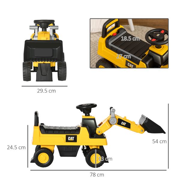 Ruspa giocattolo per bambini 18 e 36 mesi con escavatore e spazio portaoggetti, 78x29.5x54 cm, giallo e nero - 